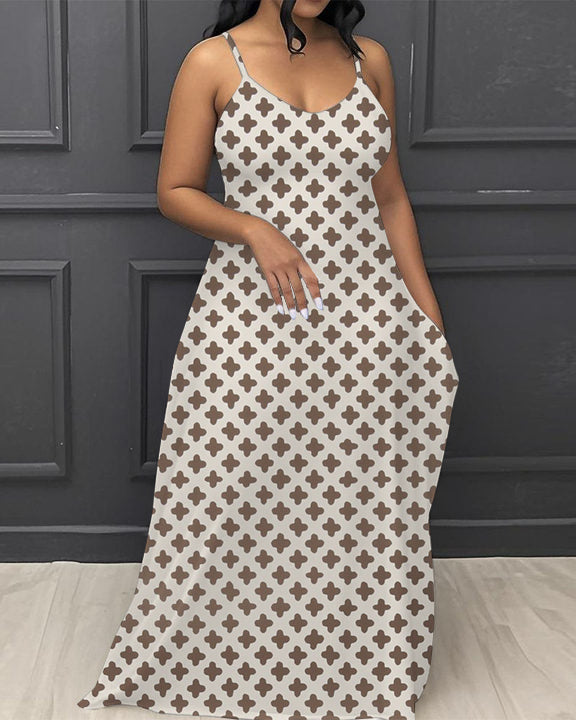 Simple Flower Pattern V-Neck Pocket Cami Dress