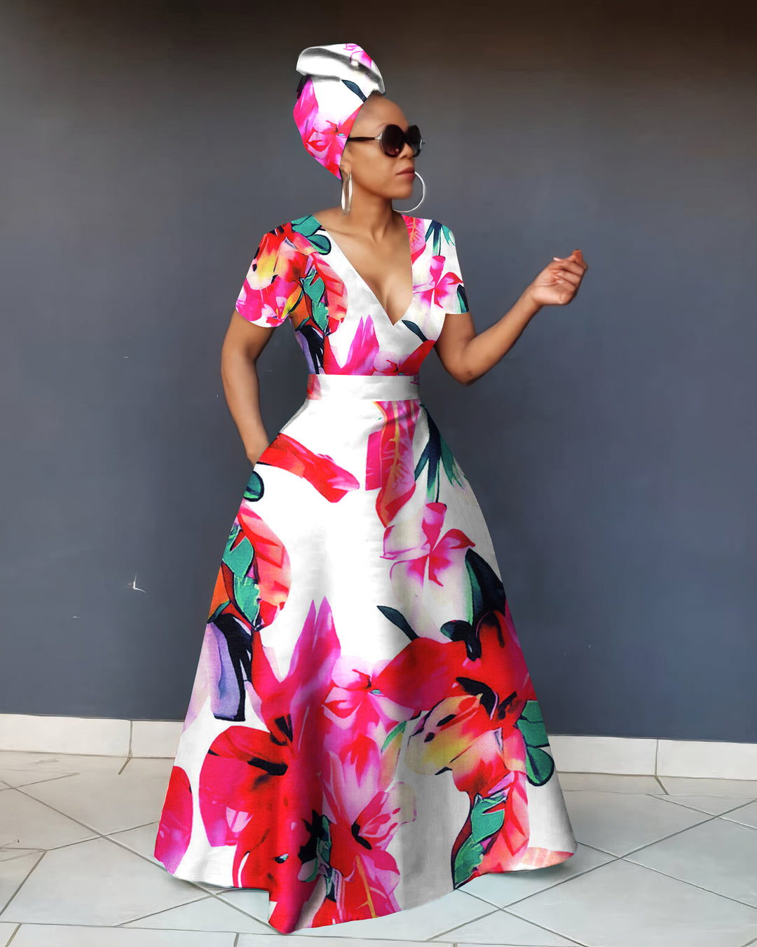 V Neck Simple Summer Flowers Short Sleeve Maxi Dress