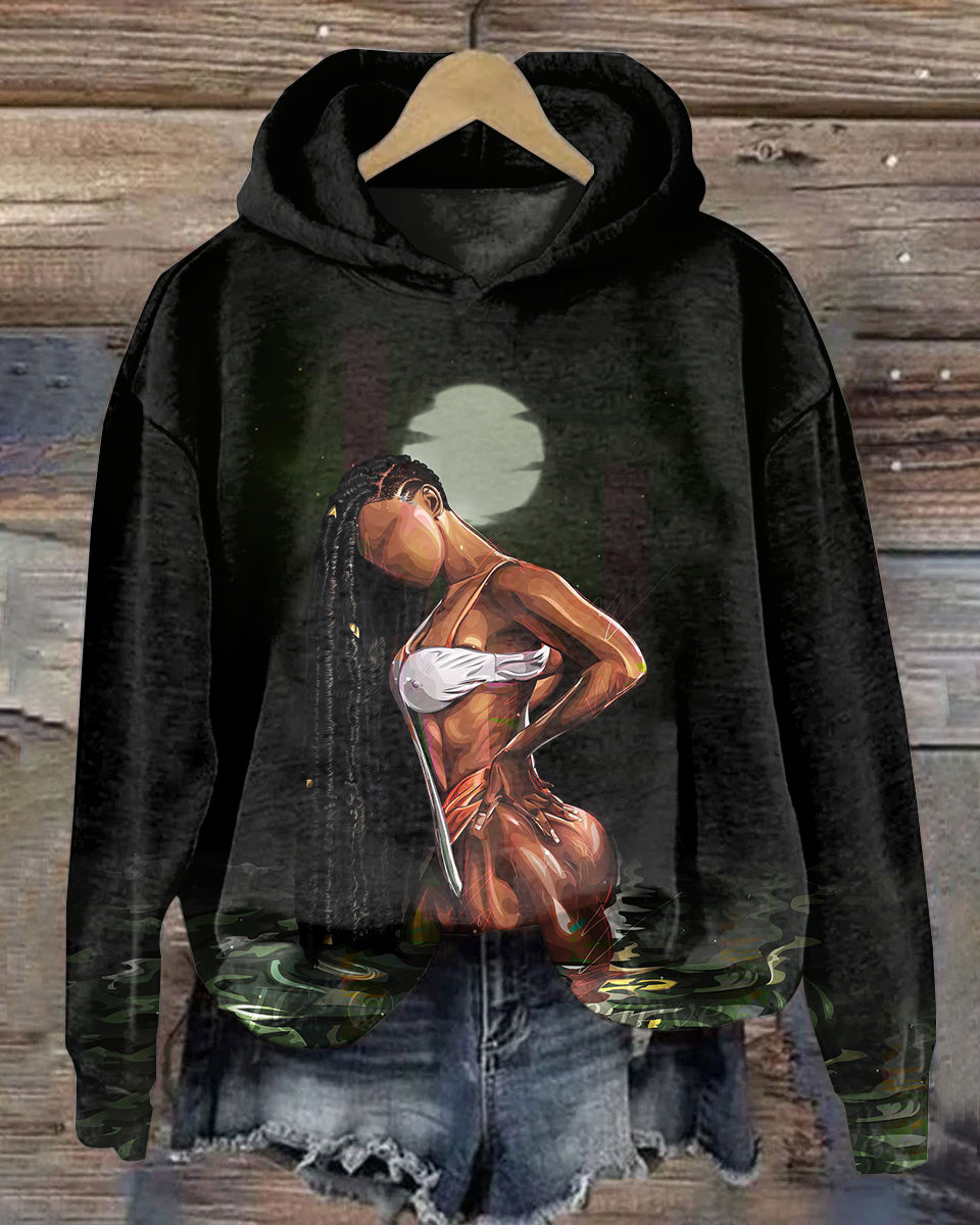 Straight Black Women Art Cartoon Prints Long Sleeve Hoodie