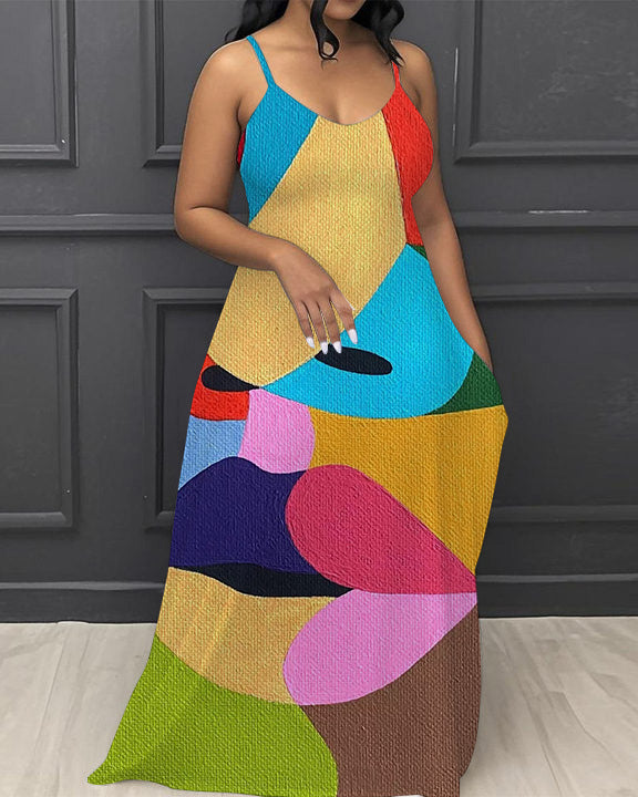 Colorful Abstract Print V-Neck Pocket Cami Dress