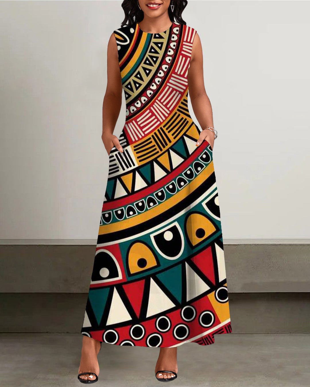 Tribal Geometric Totem Pockets Casual Dress