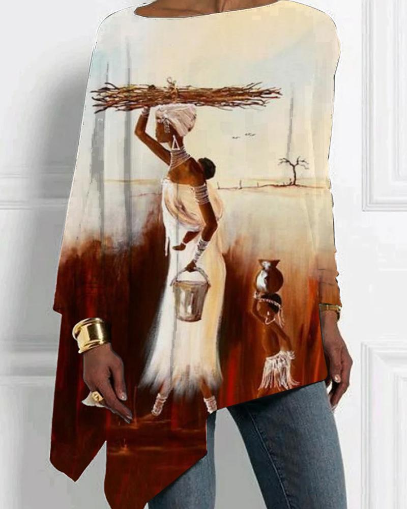 Black girl printed one word collar personality irregular ladies top