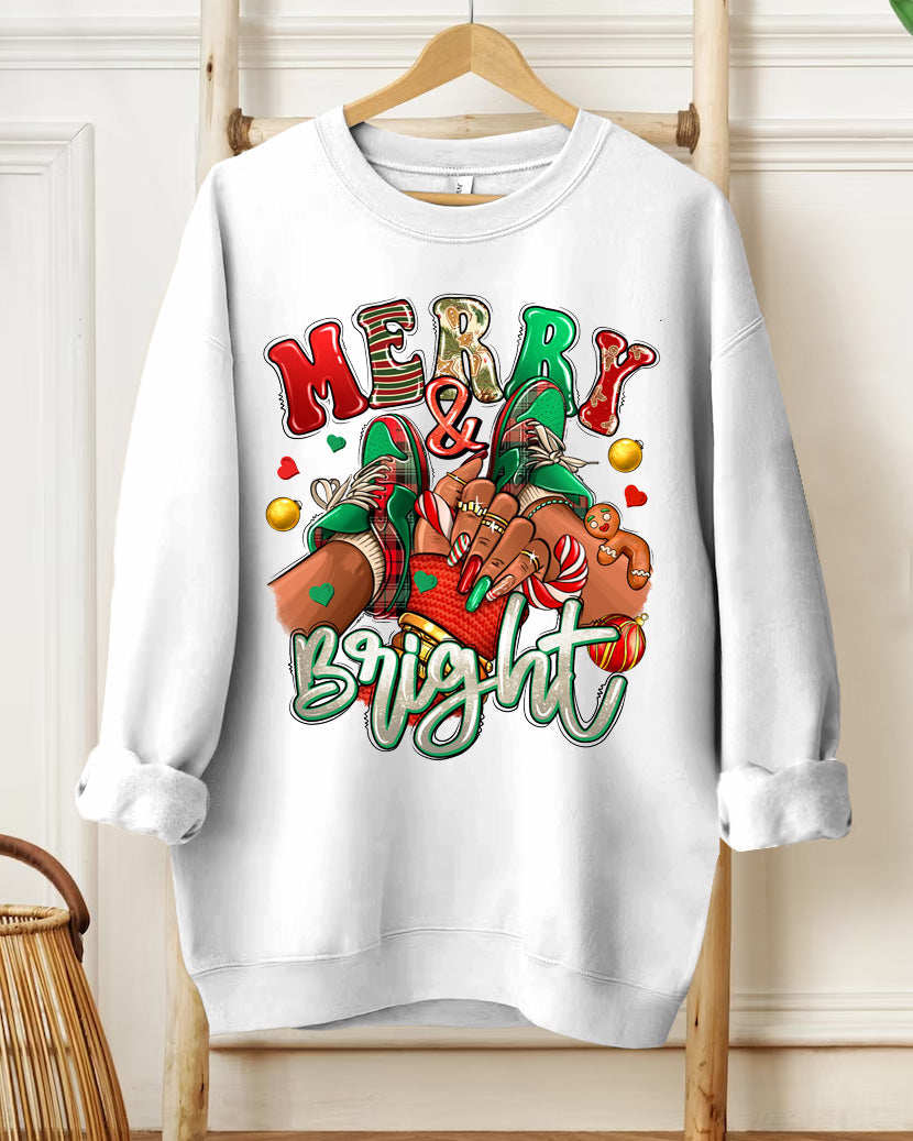 Merry And Bright Black Girl Sneakers Printed Long-Sleeved Round-Neck Sweatshirt