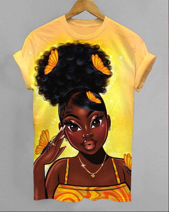 Salute Brown Girl Cartoon Crew Neck Short Sleeve Cotton T-Shirt