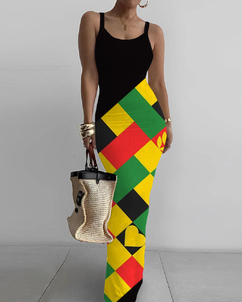 Juneteenth Checkered Print Bodycon Cami Dress