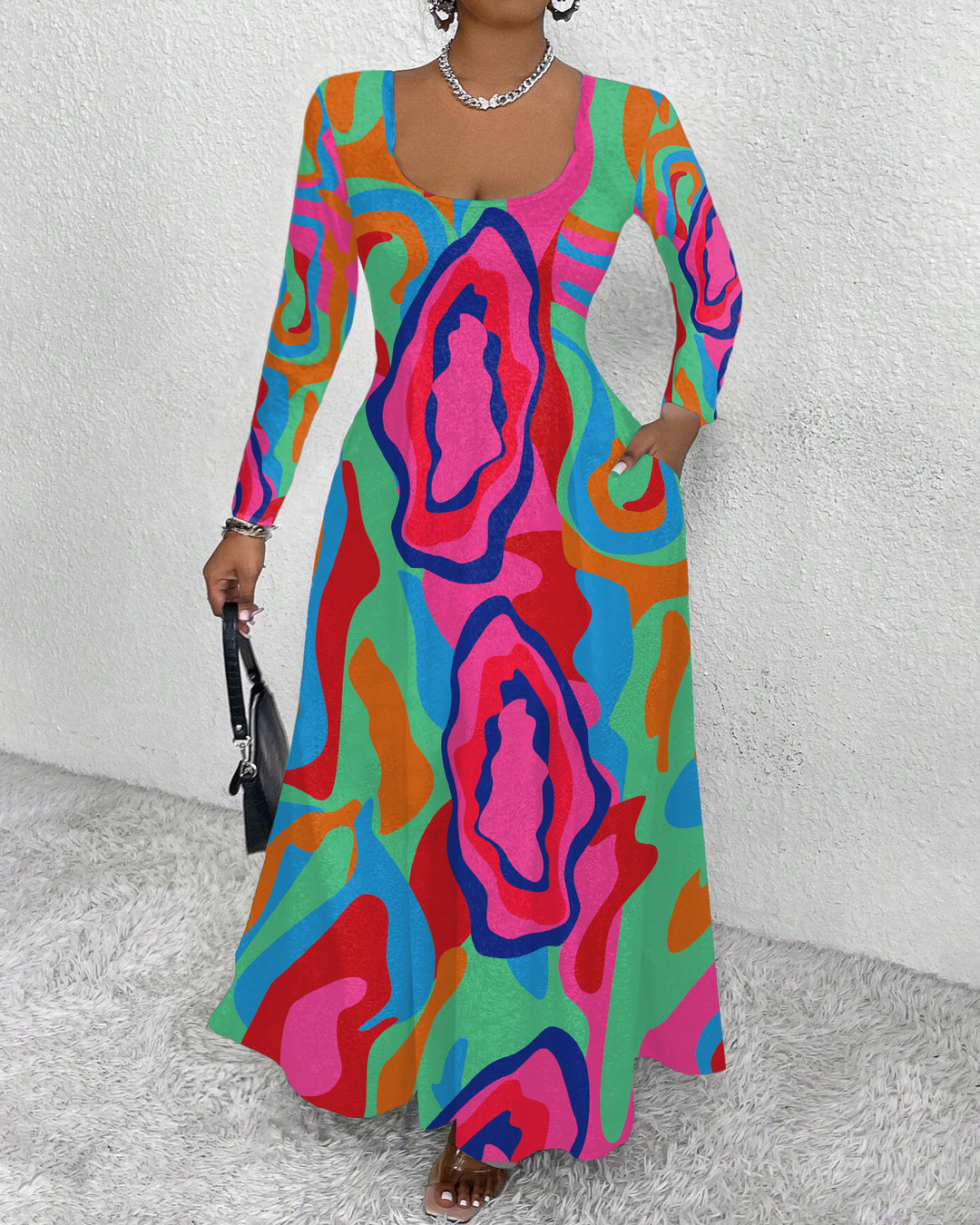 Colorful Wavy Stripes Long Sleeve Maxi Dress