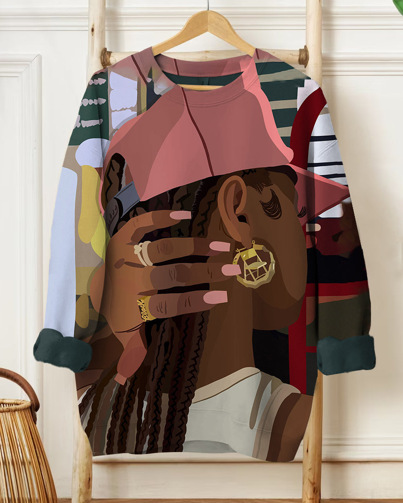 Women's Fashion Casual Cool Girl Art Print Long-sleeved Sweatshirt