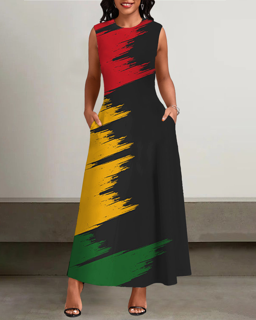 Reggae Color Contrast Crew Neck Pockets Casual Dress