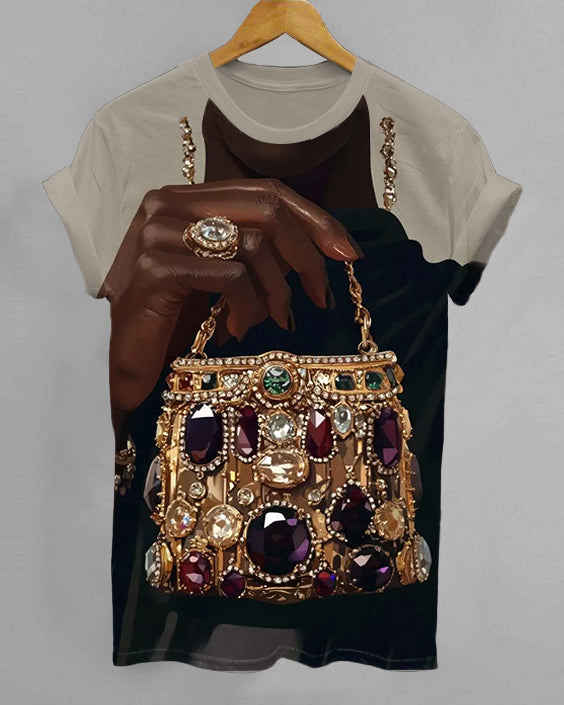 Gem Bag Illustration Crew Neck Short Sleeve T-shirt