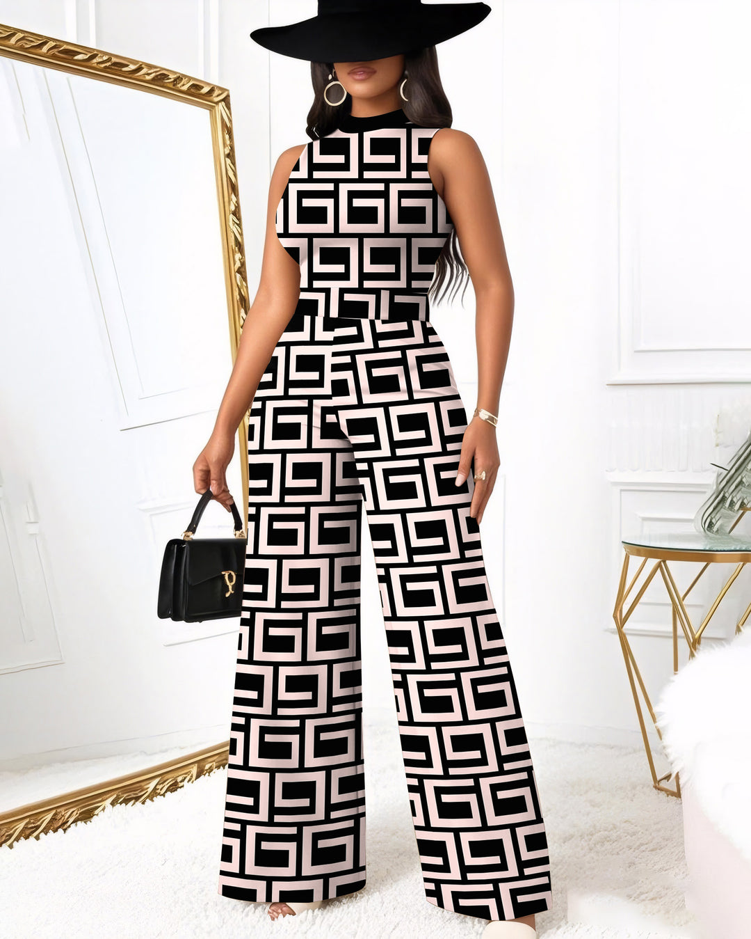 Geometric Stripe Print Wide Leg Jumpsuit