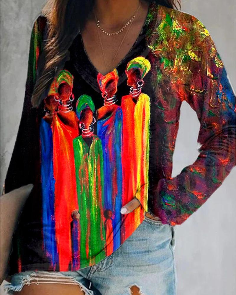 Contrasting color black dancing print V-neck long-sleeved top