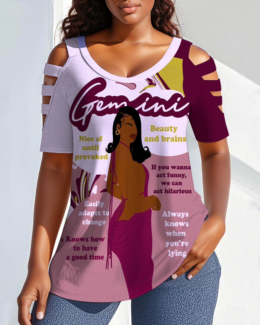 Gemini Girly Season Print Off-shoulder Short-sleeved T-shirt