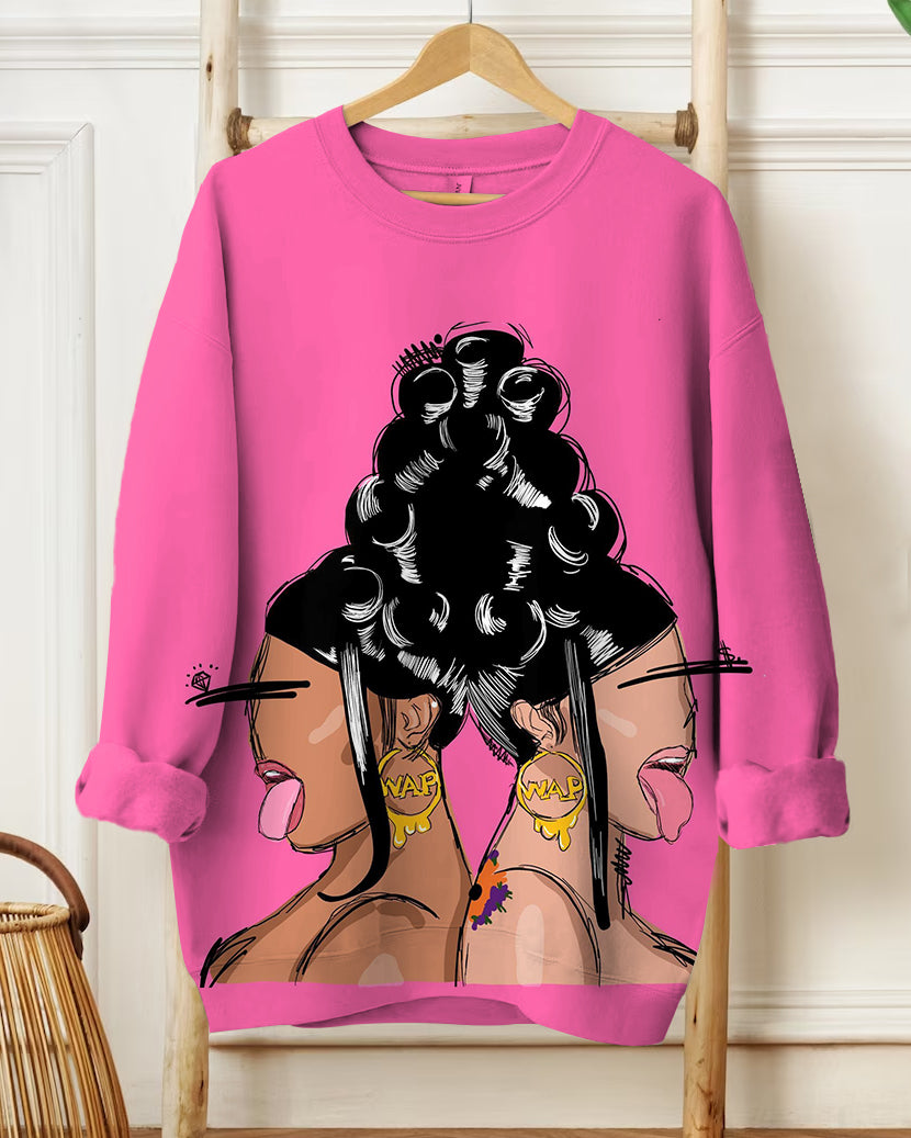 Women's Fashion Casual Two Curly-haired Beauties Art Prints Long-sleeved Sweatshirt