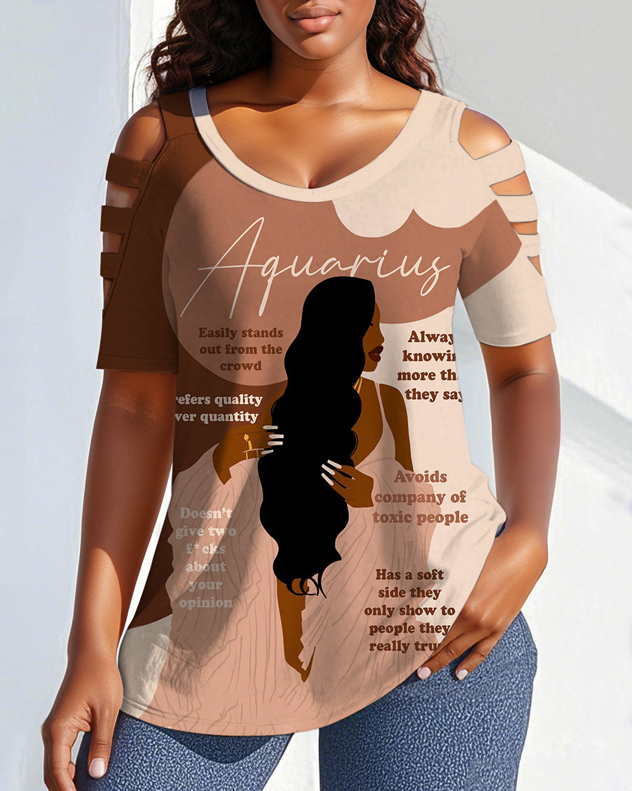 Aquarius Girly Season Print Off-shoulder Short-sleeved T-shirt