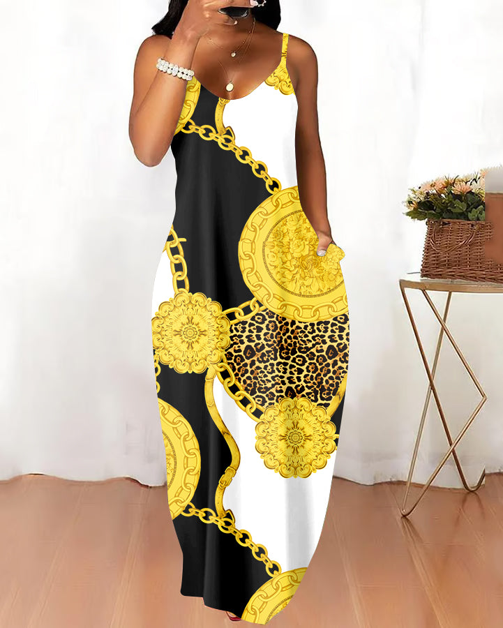 Sling Chain Leopard Print Stitching Pocket Maxi Dress