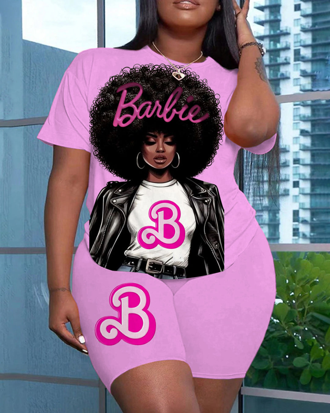 Cool Barbie Girl Print Short Sleeve Shorts Set