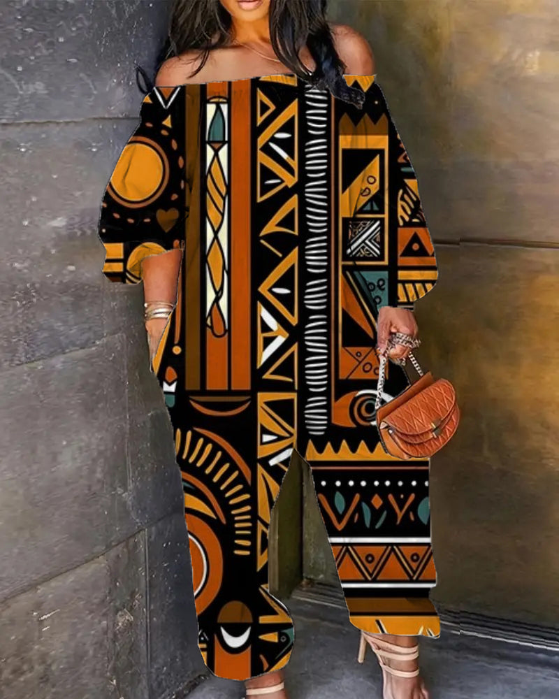 Black Art Ethnic Style One-shoulder Printed Jumpsuit