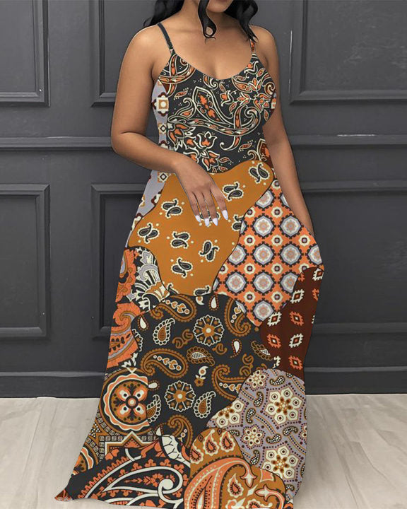 Geometric Paisley V-Neck Pocket Cami Dress
