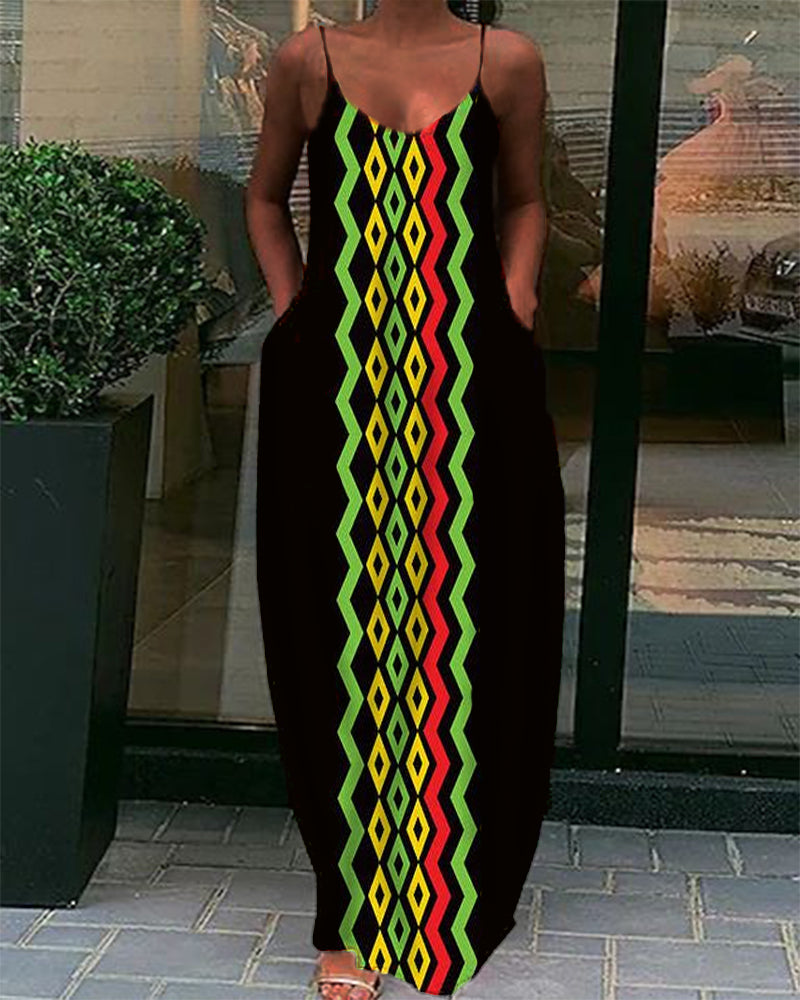 Black Contrast Color Geometric Print Suspender Long Skirt