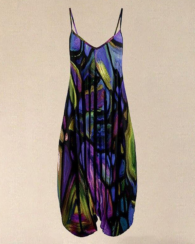 Retro blooming print suspenders loose jumpsuit