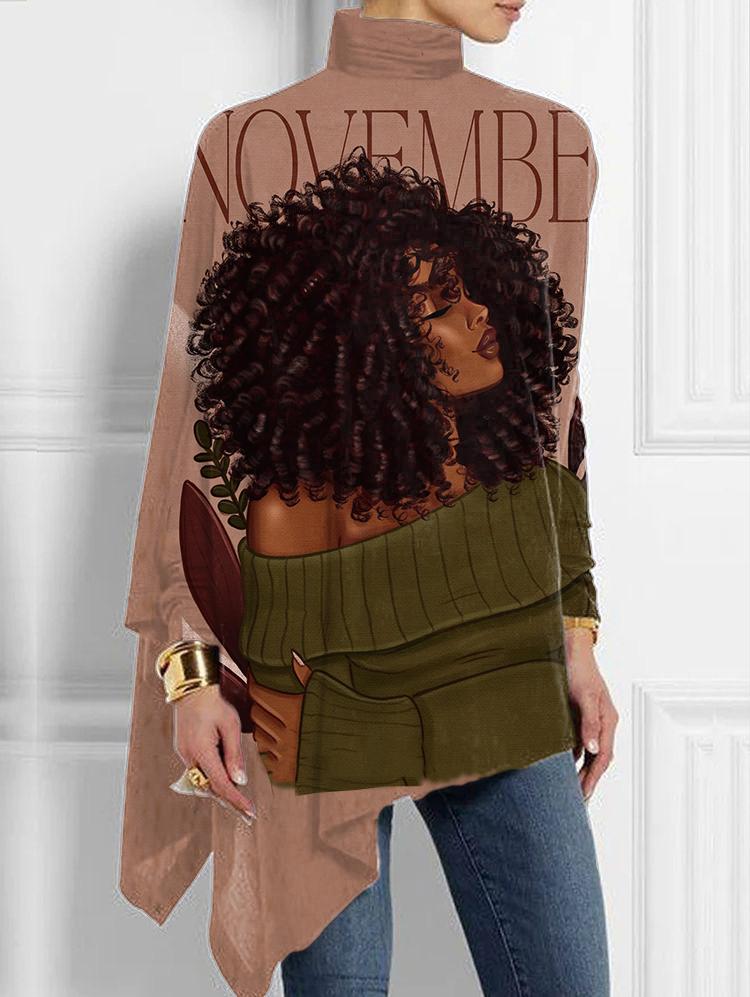 Afro Hair Woman Half Turtleneck Hem Top