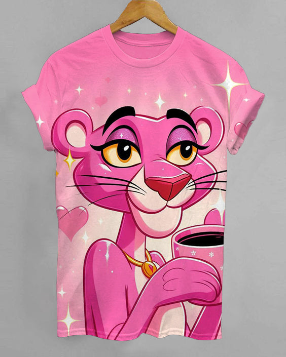 Elegant Cartoon Pink Panther Crew Neck Short Sleeve Tshirt