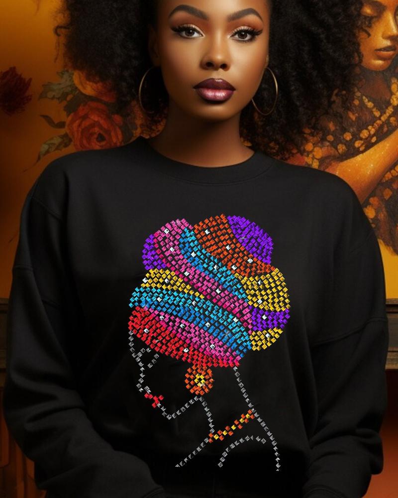 Colorful black avatar hot diamond printed casual women's round neck sweatshirt