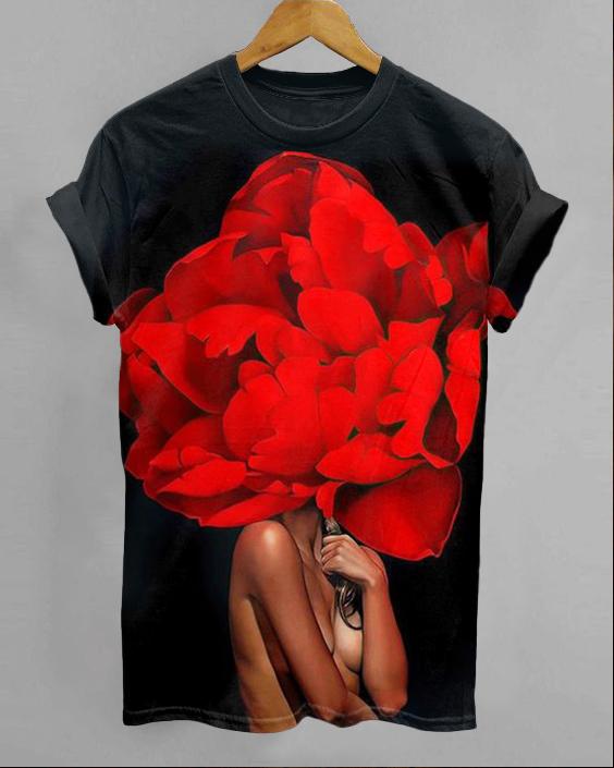 Big Red Flower Brown Girl Art Painting Short Sleeve Tshirt