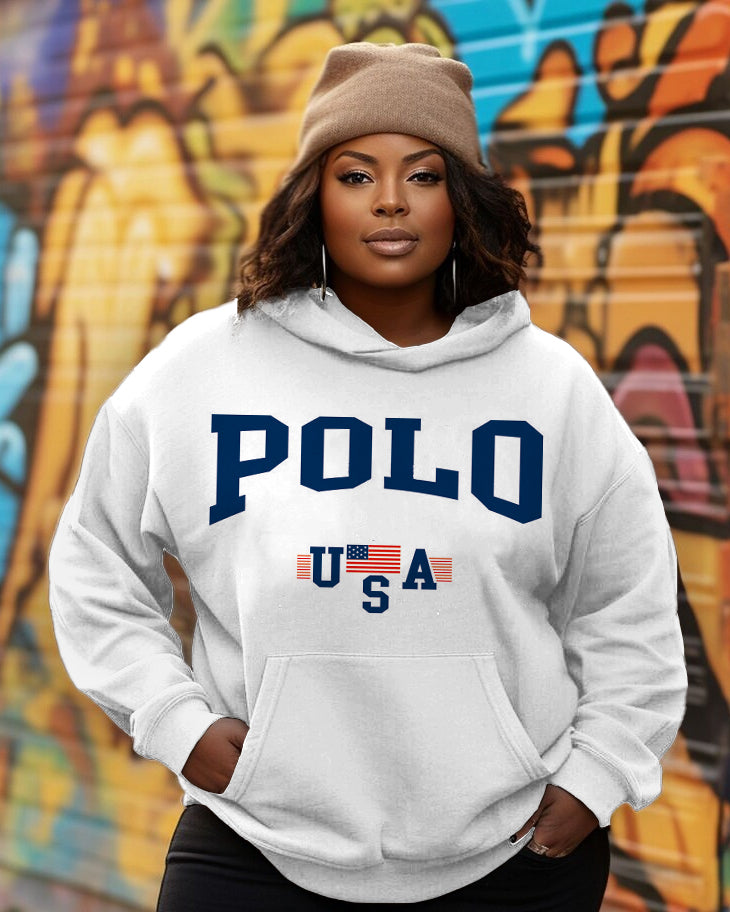 Women's American Flag Letter Cartoon Print Long-sleeved Hooded Sweatshirt