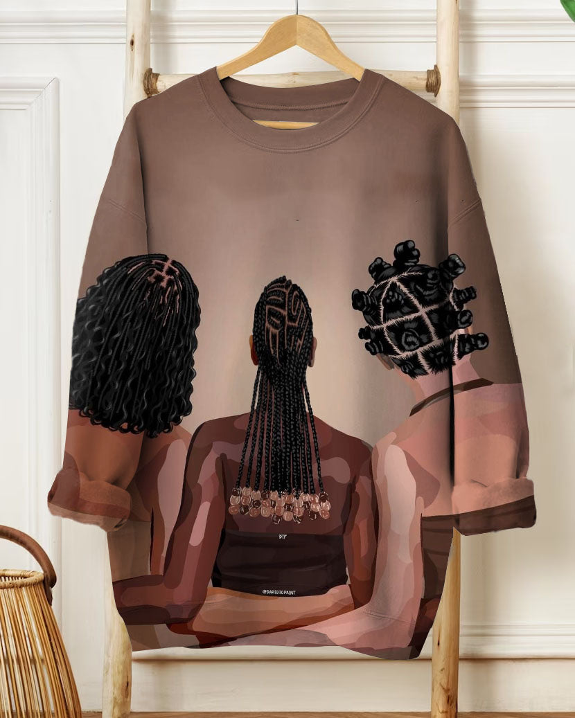 Women's Crew Neck Long Sleeve Black Print Sweatshirt