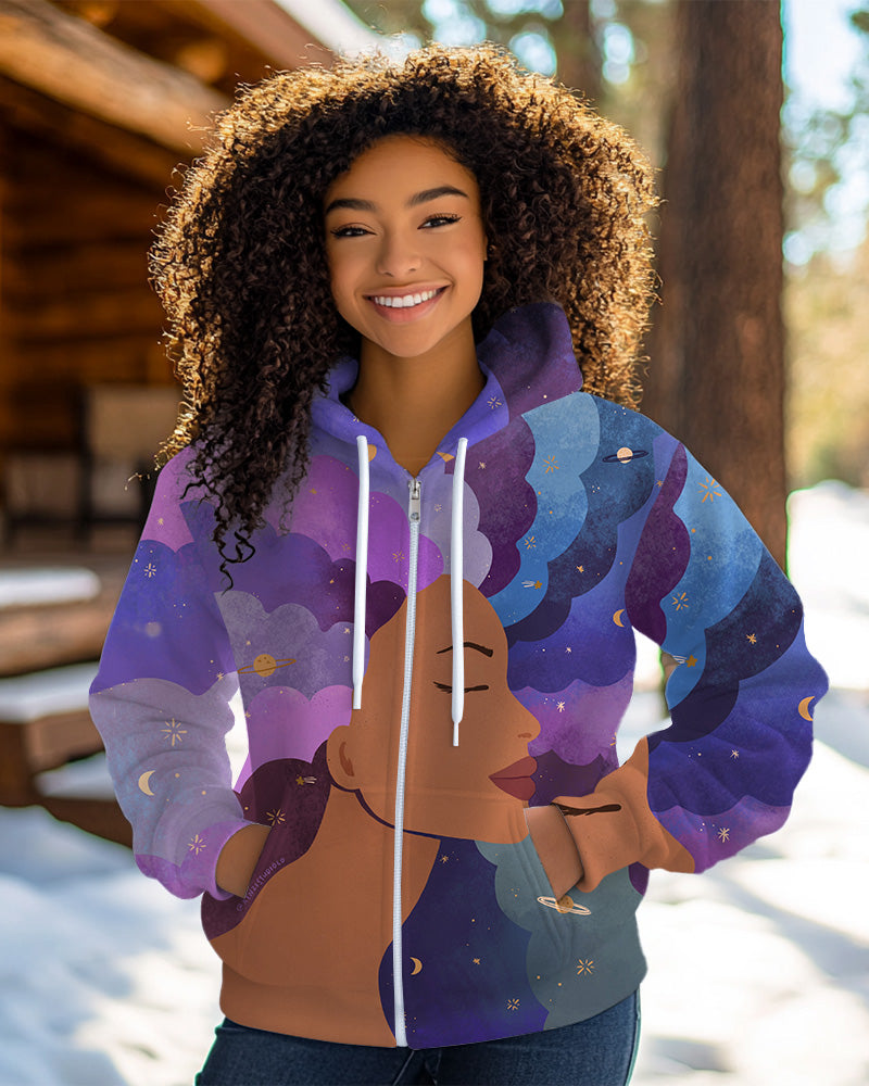 Rainbow Curls Printed Zippered Hooded Long-Sleeved Casual Hoodie