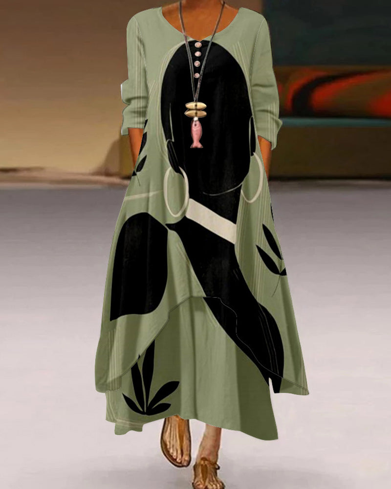 Retro Girl Printed Round Neck Long Sleeve Dress