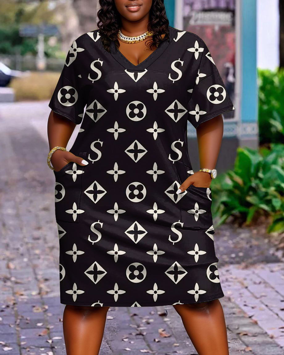 Interesting Geometric Flowers Casual V-neck Pocket Dress