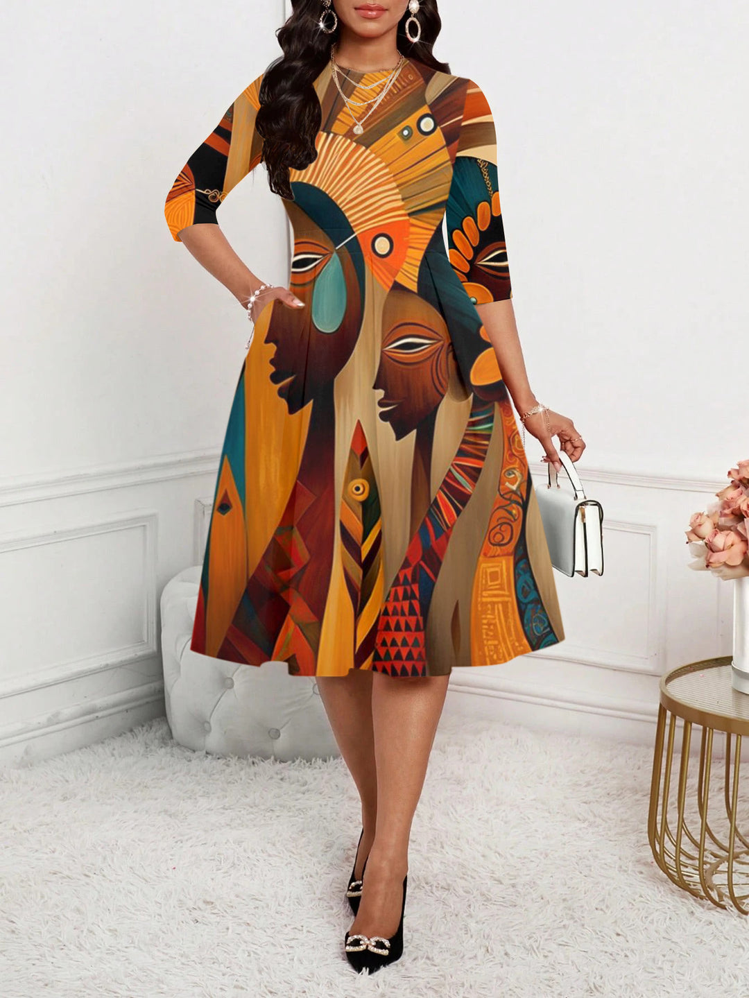 Abstract Human Oil Paintings Round Neck Long Sleeves Midi Dress