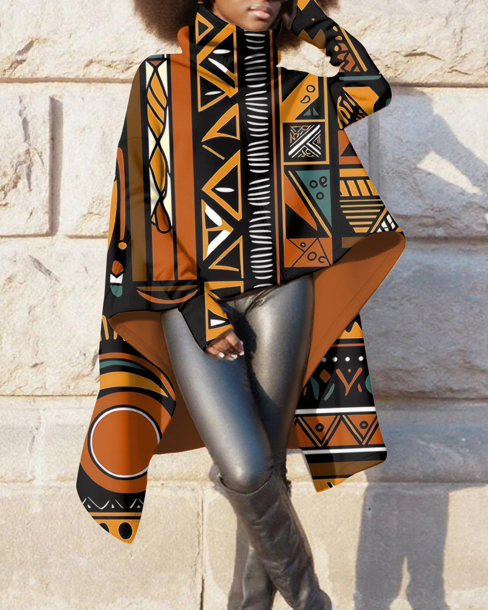 High Collar Pullover African Tribal Pattern Irregular Long Sleeve Warm Sweatshirt