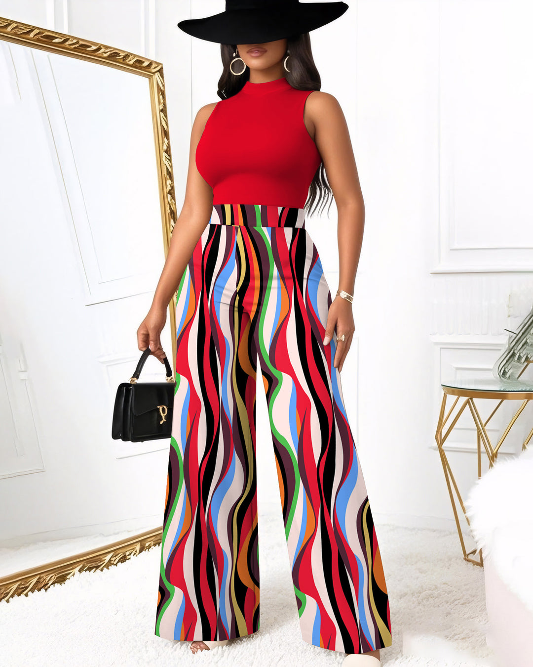 Watercolor Interesting Vertical Stripes Wide Leg Jumpsuit
