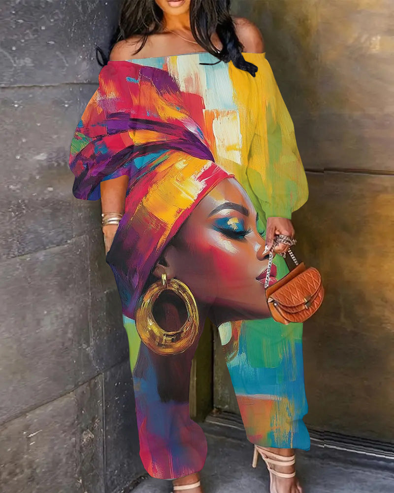 Elegant Woman Oil Painting One-shoulder Printed Jumpsuit