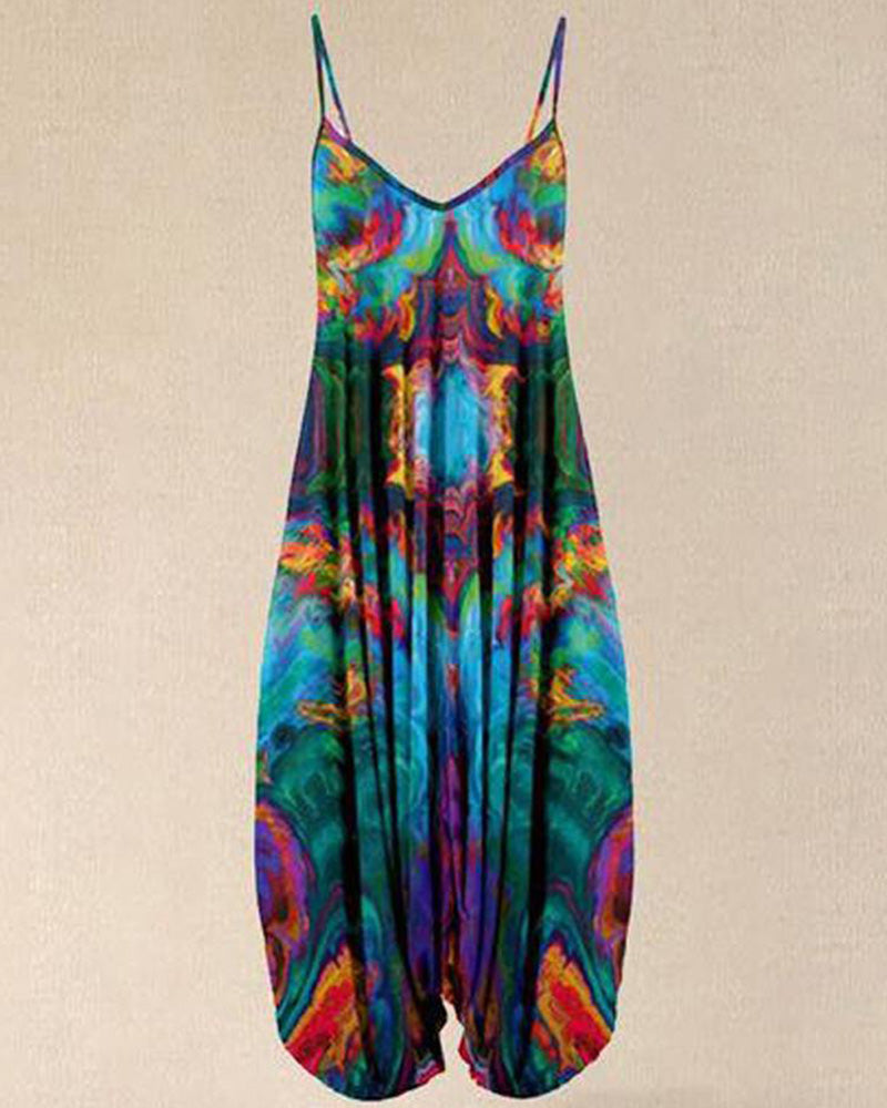 Tie-dye vintage print suspenders loose jumpsuit