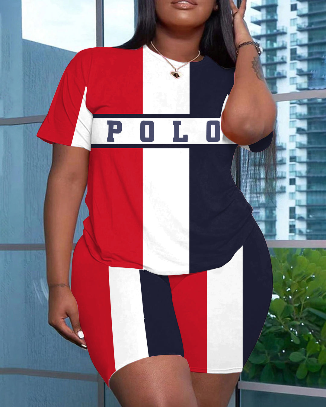 Vertical Grid POLO Letters Short Sleeve Shorts Set