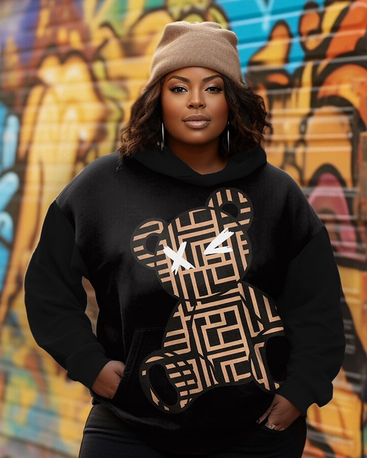 Women's Cute Striped Brown Bear Print Long-sleeved Hooded Sweatshirt