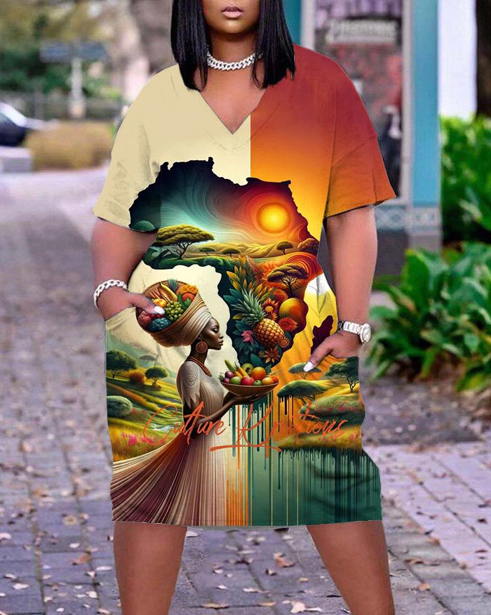 V-neck Contrast Color Africa Map Fruit Pocket A-line Dress
