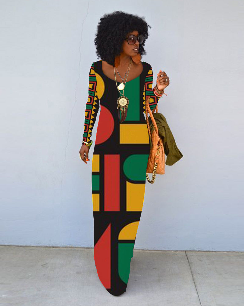 Juneteenth Geometric Print Crew Neck Long Sleeve Dress