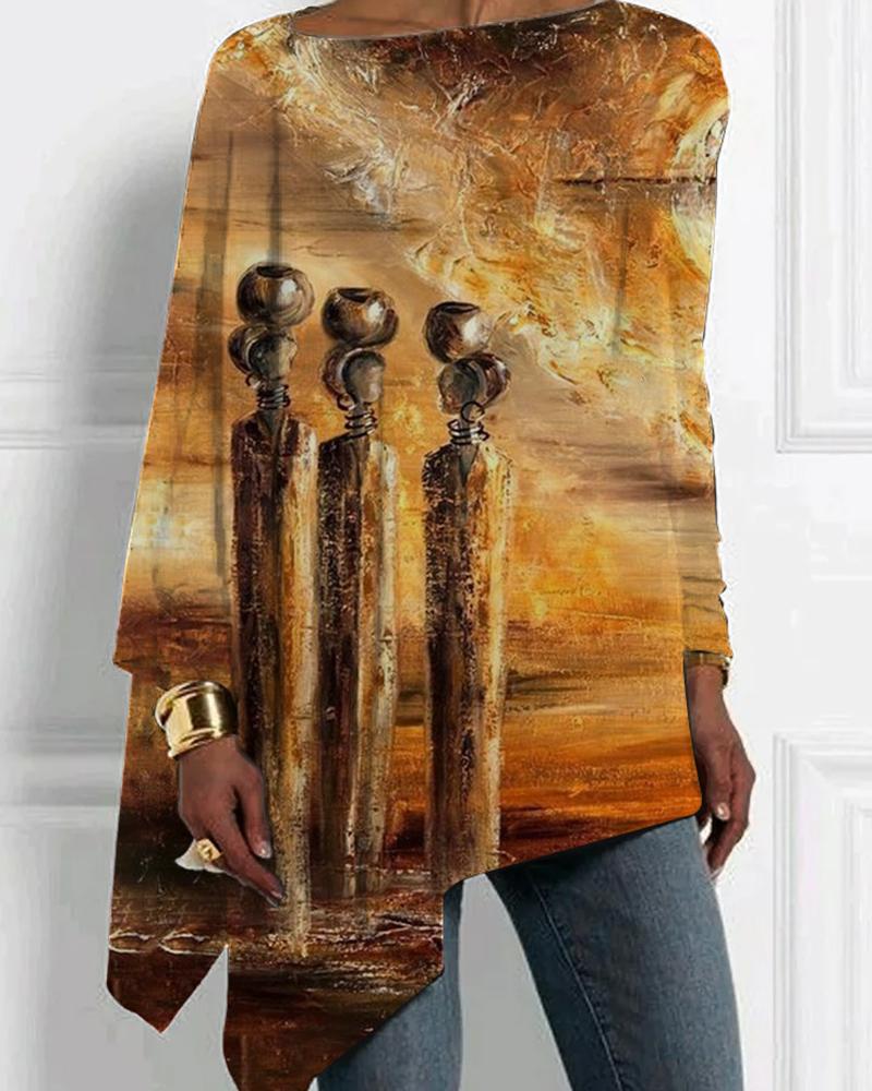 Black ethnic style painted printing irregular ladies top