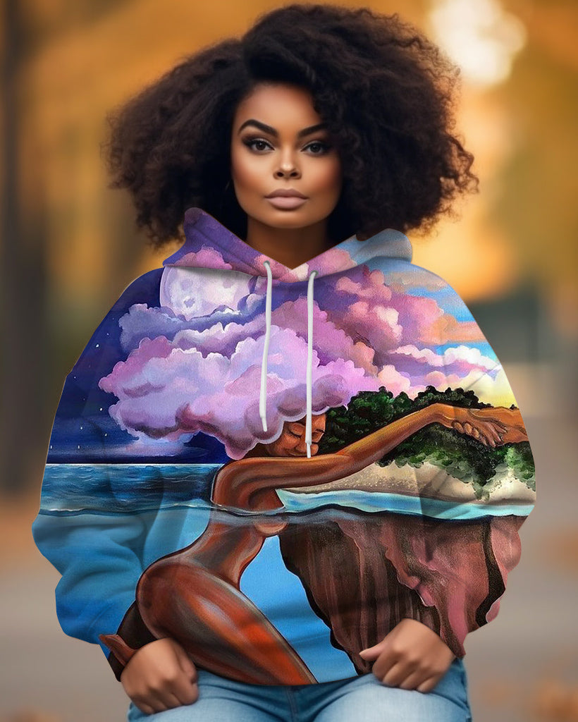Ocean Sky Brown Girl Art Long-sleeved Hoodie