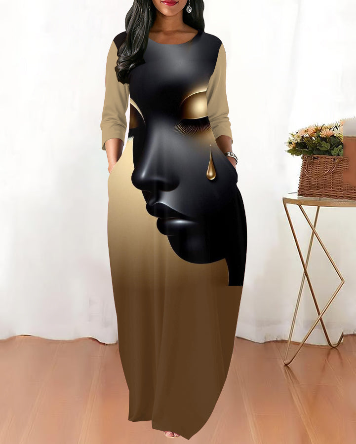 Round Neck Golden Tearswoman Face Long Sleeves Maxi Dress