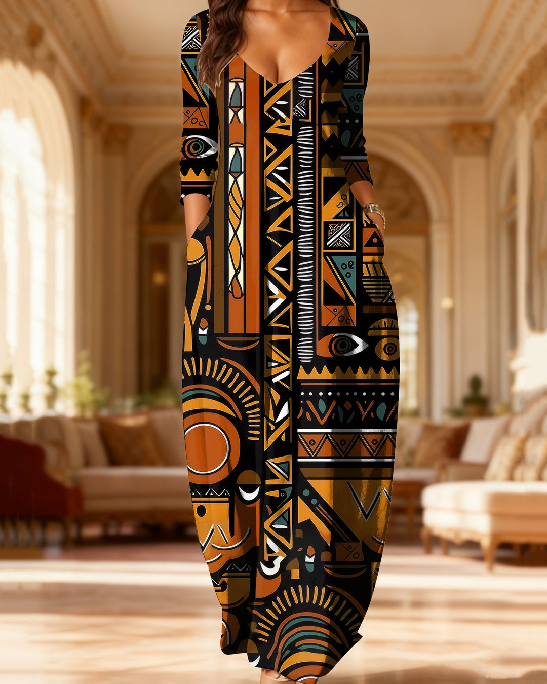V Neck African Tribal Pattern Long Sleeves Maxi Dress