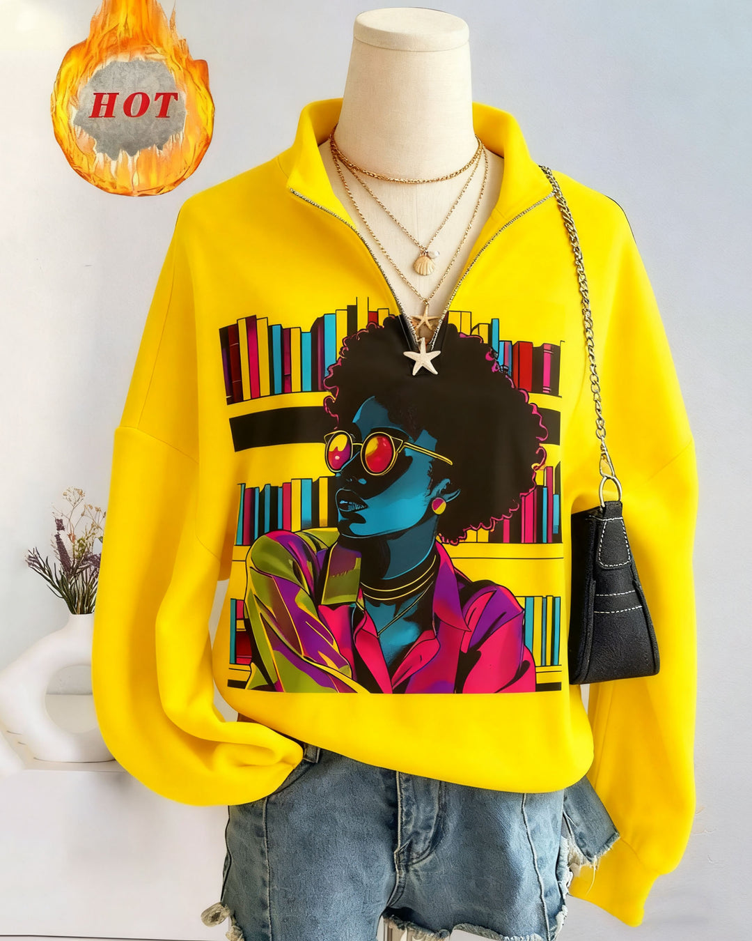 Neon Black Woman Graphic Loose Split Zip-Up Long Sleeve Sweatshirt