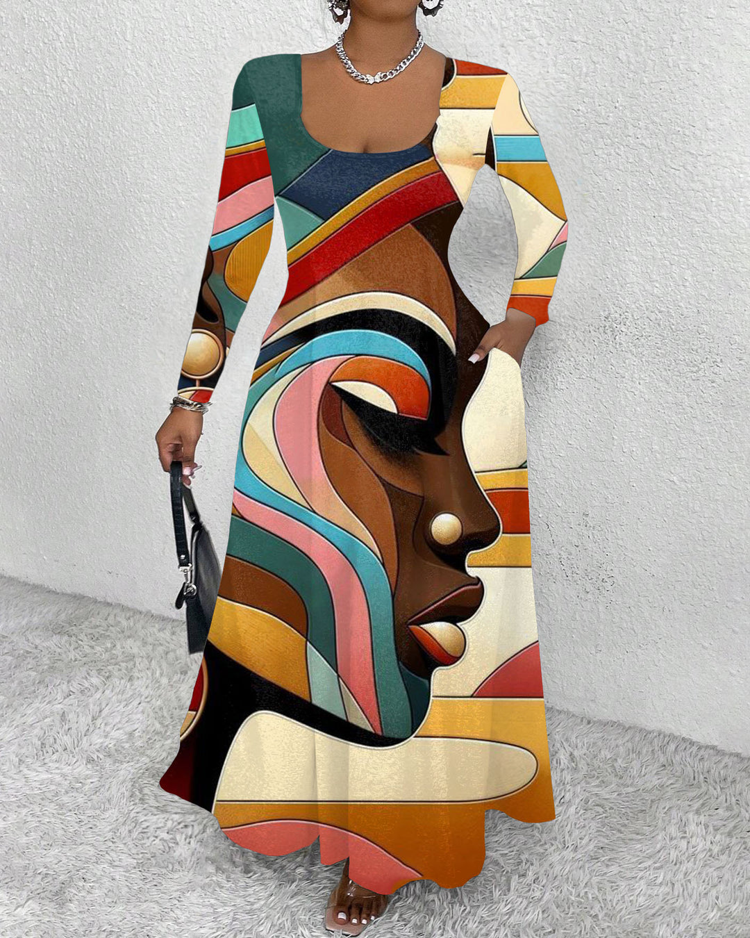 Colorful Striped Face Art Round Neck Long Sleeve Maxi Dress