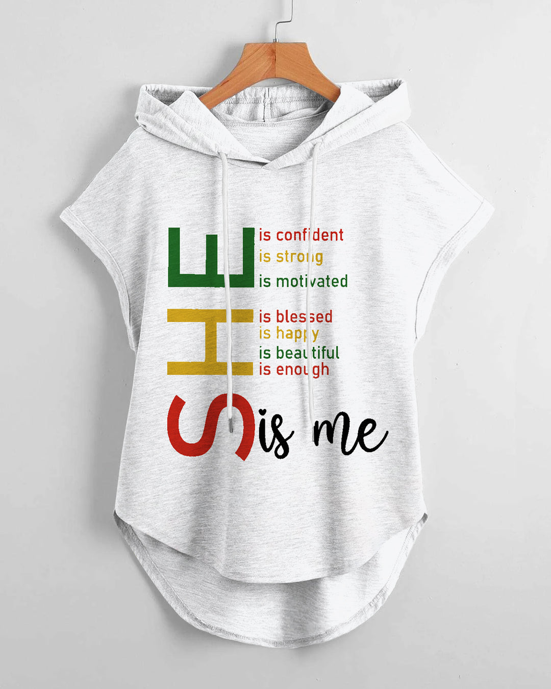 Colored Letters She Is Me Drawstring Hooded Tee