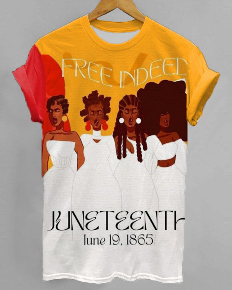 June Festival Color Contrast Cartoon Black Girl Short-sleeved Crew Neck T-shirt